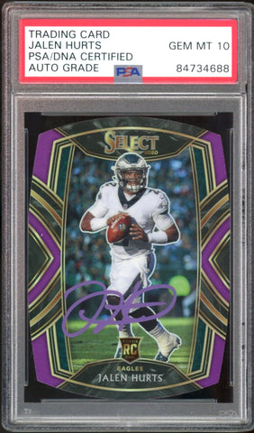 2020 Select Club Level Purple Die-Cut Jalen Hurts RC PSA/DNA Auto GEM MINT 10