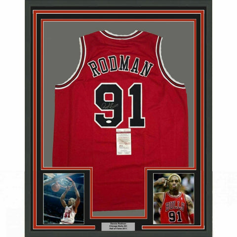 FRAMED Autographed/Signed DENNIS RODMAN 33x42 Chicago Red Jersey JSA COA Auto