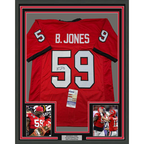 Framed Autographed/Signed Broderick Jones 35x39 Georgia Red Jersey JSA COA