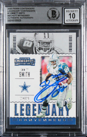 Cowboys Emmitt Smith Signed 2020 Panini Contenders #1 Card Auto 10! BAS Slabbed
