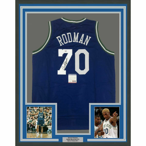 FRAMED Autographed/Signed DENNIS RODMAN 33x42 Dallas Blue Jersey PSA/DNA COA