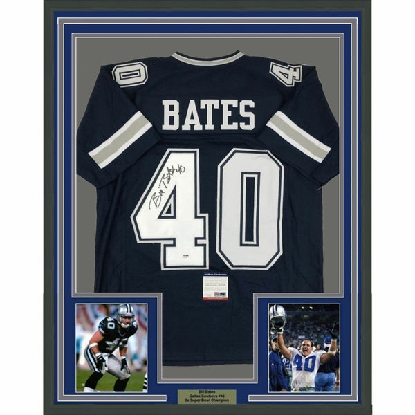 FRAMED Autographed/Signed BILL BATES 33x42 Dallas Dark Blue Jersey PSA/DNA COA