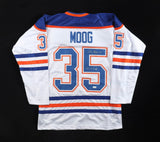 Andy Moog Signed Edmonton Oilers Inscribed "3x S. Cup" White Jersey (JSA COA)
