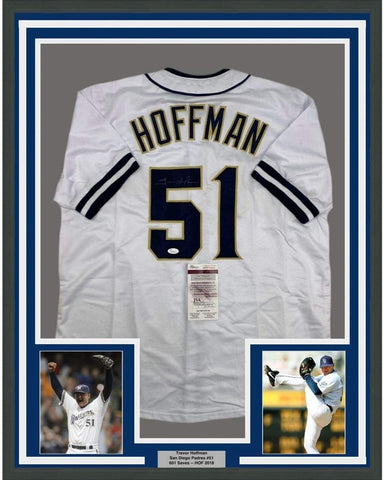 Framed Signed Trevor Hoffman 35x39 San Diego White Jersey JSA COA