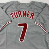 Autographed/Signed Trea Turner Philadelphia Grey Baseball Jersey Beckett BAS COA