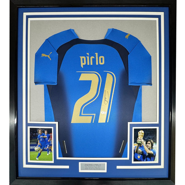 Framed Autographed/Signed Andrea Pirlo 35x39 Italy Blue Jersey Beckett COA