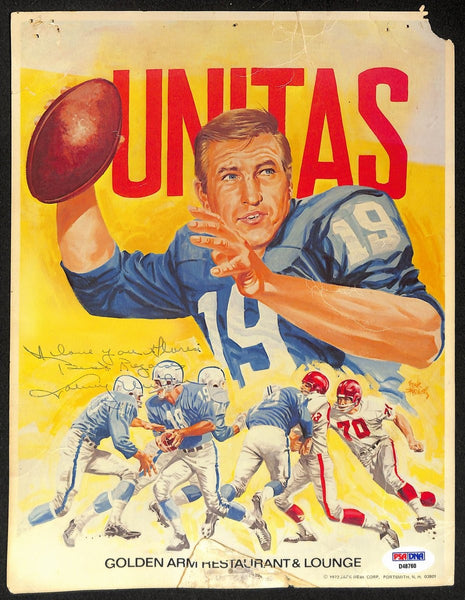 Johnny Unitas HOF Signed 8.5x11 Golden Arm Restaurant Drawing PSA/DNA 198841