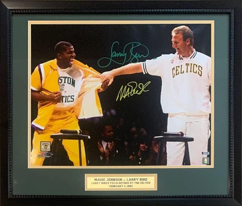 Magic Johnson & Larry Bird Autographed 16x20 Retirement Framed Photo Beckett COA