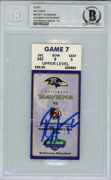 Ray Lewis Autographed/Signed 12/7/2003 vs Bengals Ticket Beckett Slab 39178