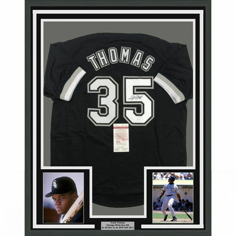 FRAMED Autographed/Signed FRANK THOMAS 33x42 Chicago Black Jersey JSA COA Auto