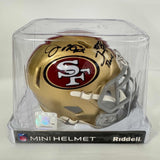 Autographed/Signed Joe Montana Jerry Rice Dual Football Mini Helmet Fanatics COA