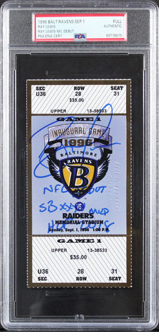 Ravens Ray Lewis "3x Inscribed" Signed Sept 1, 1996 Ticket Stub PSA/DNA Slabbed