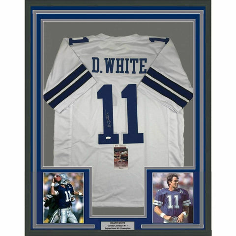 FRAMED Autographed/Signed DANNY WHITE 33x42 Dallas White Jersey JSA COA Auto