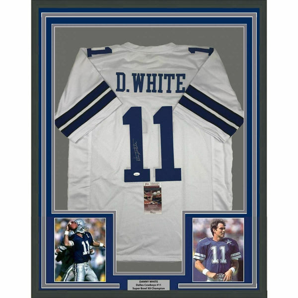 FRAMED Autographed/Signed DANNY WHITE 33x42 Dallas White Jersey JSA COA Auto