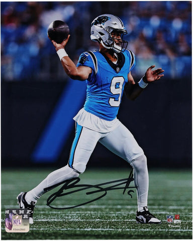 Bryce Young Carolina Panthers Signed 8x10 Vertical Passing in Blue Jersey Photo