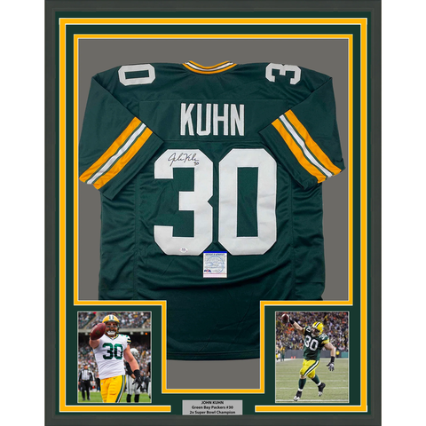 Framed Autographed/Signed John Kuhn 33x42 Green Bay Green Jersey PSA/DNA COA