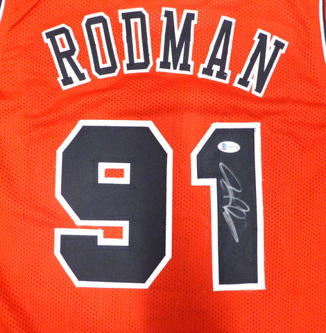Chicago Bulls Dennis Rodman Autographed Red Jersey (Damaged) Beckett QR #WB23758