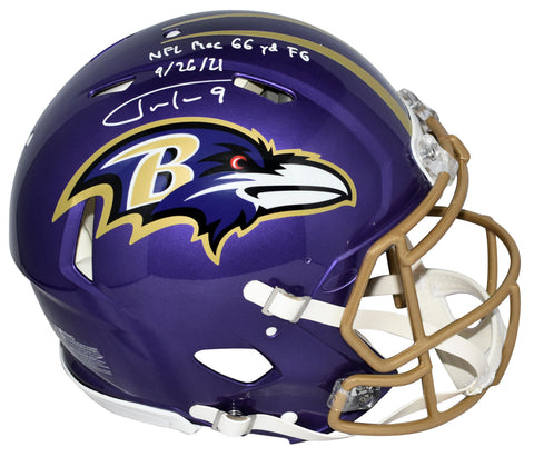 JUSTIN TUCKER SIGNED BALTIMORE RAVENS AUTHENTIC FLASH HELMET W/ RECORD 66 YD FG