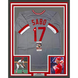 Framed Autographed/Signed Chris Sabo 35x39 Cincinnati Grey Jersey JSA COA