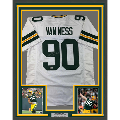 Framed Autographed/Signed Lukas Van Ness 33x42 Green Bay White Jersey BAS COA