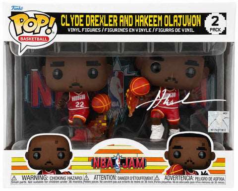 Hakeem Olajuwon Signed Rockets NBA Jams w/ Clyde Drexler Funko Pop Doll (SS COA)
