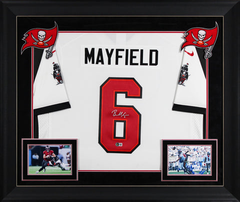 Buccaneers Baker Mayfield Signed White Nike Limited Framed Jersey BAS Witness