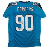 Autographed/Signed Julius Peppers Carolina Blue Football Jersey Beckett BAS COA