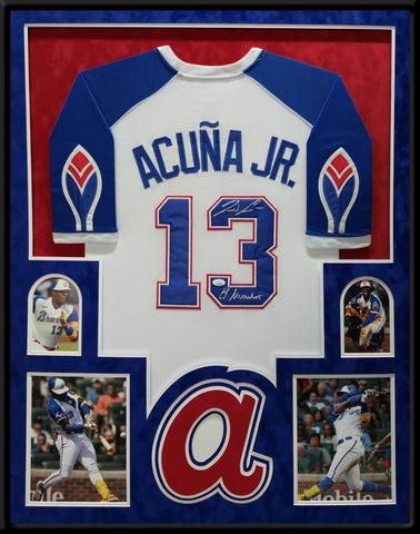 SUEDE FRAMED ATLANTA BRAVES RONALD ACUNA JR AUTOGRAPHED INSCRIBED JERSEY JSA COA