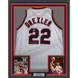Framed Autographed/Signed Clyde Drexler 35x39 Portland White Jersey JSA COA
