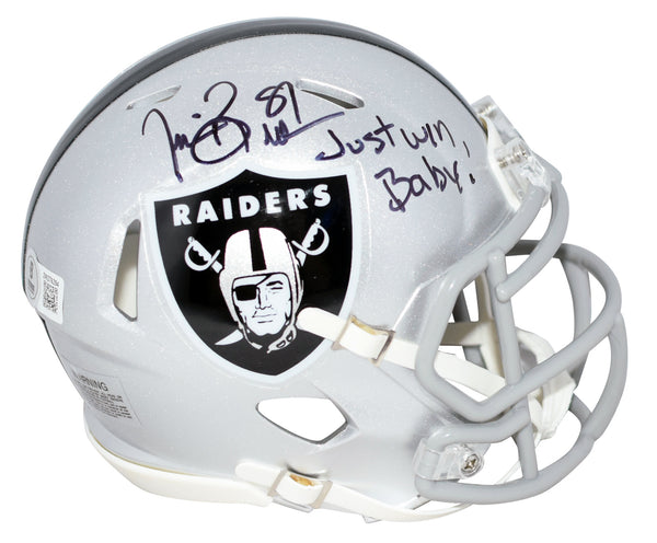 baby american football helmet TIM BROWN SIGNED OAKLAND RAIDERS SPEED MINI HELMET W/ JUST WIN BABY – Super Sports Center