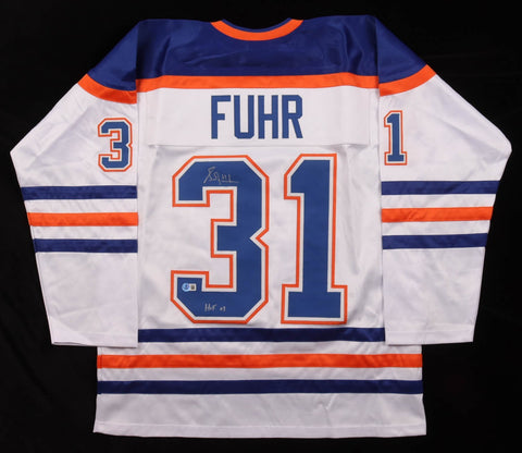 Grant Fuhr Signed Edmonton Oilers Jersey Inscribed "HOF 03"(Beckett) 5xCup Champ
