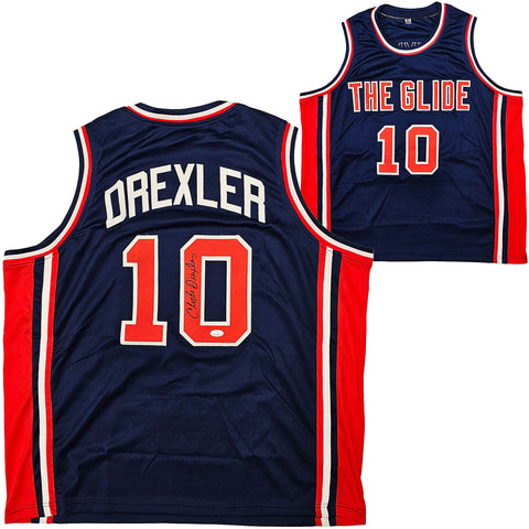 TEAM USA CLYDE DREXLER AUTOGRAPHED SIGNED BLUE JERSEY JSA STOCK #215755