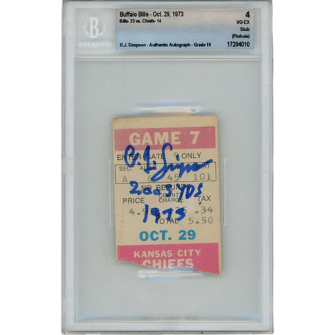 OJ Simpson Autographed Buffalo Bills 10/29/73 Ticket Stub 2003 yds Beckett 48155