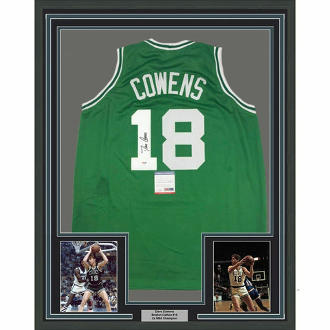 FRAMED Autographed/Signed DAVE COWENS 33x42 Boston Green Jersey PSA/DNA COA Auto