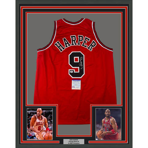 Framed Autographed/Signed Ron Harper 33x42 Chicago Red Jersey PSA/DNA COA
