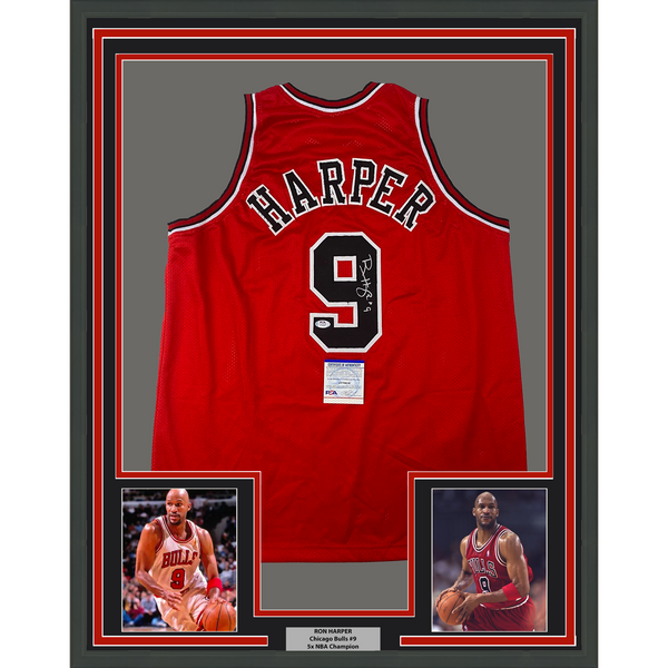 Framed Autographed/Signed Ron Harper 33x42 Chicago Red Jersey PSA/DNA COA