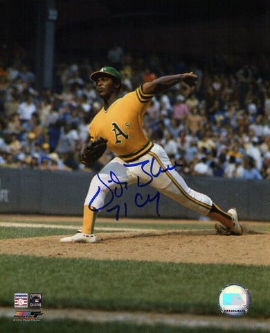 Vida Blue Signed A's Yellow Jersey Pitching 8x10 Photo w/71 CY - (SCHWARTZ COA)