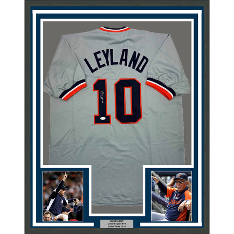 Framed Autographed/Signed Jim Leyland 35x39 Detroit Grey Baseball Jersey JSA COA
