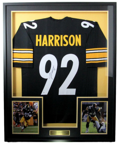 James Harrison HOF Signed Steelers Black Jersey and Photos Framed Beckett 156259