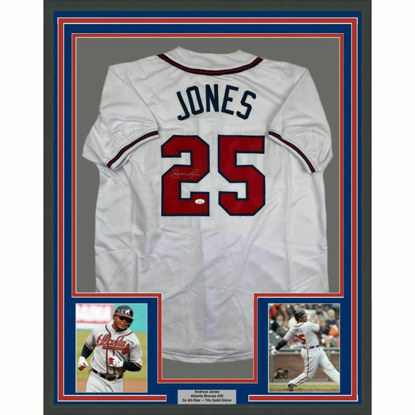 FRAMED Autographed/Signed ANDRUW JONES 33x42 Atlanta White Jersey JSA COA Auto