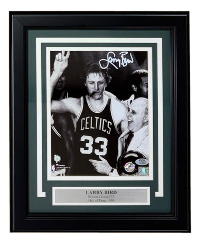 Larry Bird Signed Framed 8x10 Boston Celtics w/ Red Auerbach Photo Bird+PSA/DNA