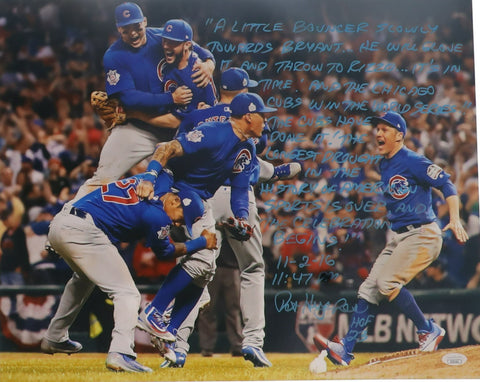 Pat Hughes Signed 16x20 Photo Cubs 2016 W.S Win with Extensive Inscription (JSA)