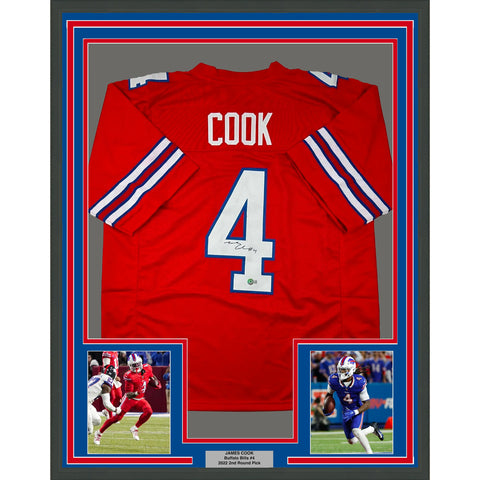Framed Autographed/Signed James Cook 33x42 Buffalo Red Football Jersey BAS COA