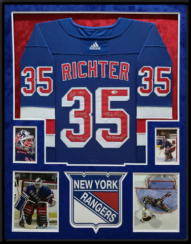 SUEDE FRAMED N.Y. RANGERS MIKE RICHTER AUTOGRAPHED 4x INSCRIBED JERSEY JSA COA