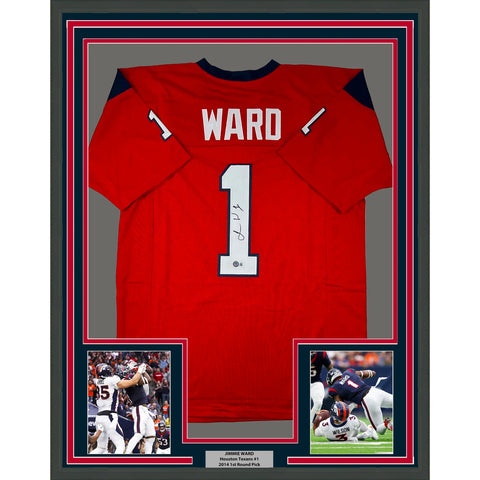 Framed Autographed/Signed Jimmie Ward 33x42 Houston Red Football Jersey BAS COA
