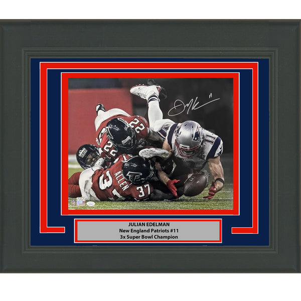Framed Autographed/Signed Julian Edelman Patriots 16x20 Football Photo JSA COA