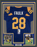 Framed Autographed/Signed Marshall Faulk 33x42 St. Louis Blue Jersey JSA COA