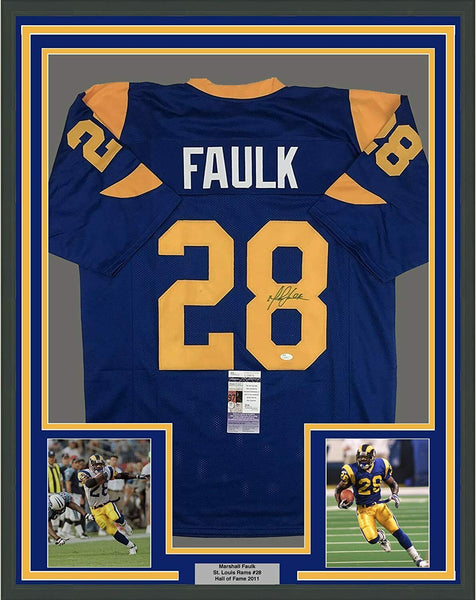 Framed Autographed/Signed Marshall Faulk 33x42 St. Louis Blue Jersey JSA COA