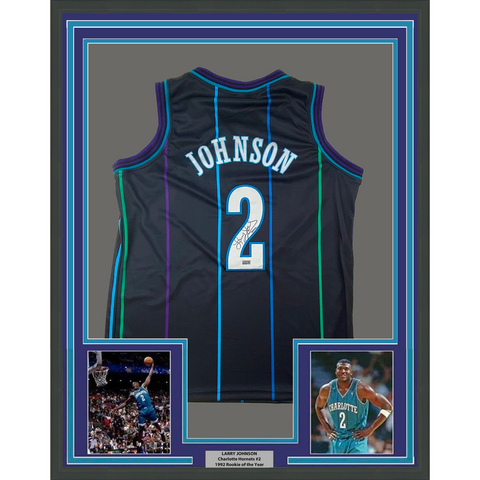 Framed Autographed/Signed Larry Johnson 33x42 Charlotte Black Jersey Steiner COA