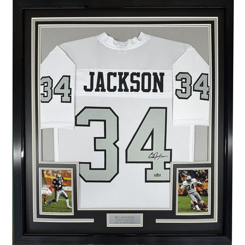 Framed Autographed/Signed Bo Jackson 35x39 Oakland White Jersey JSA COA